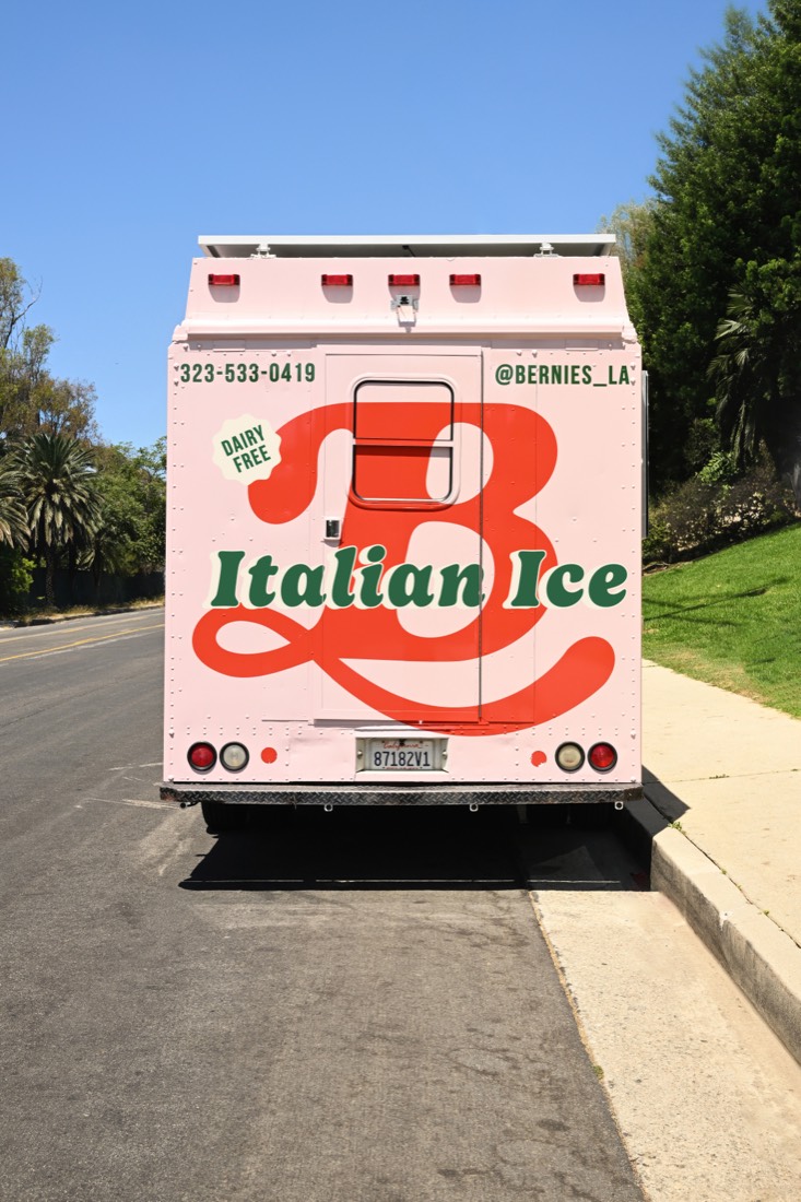 Rear of the pink Bernie’s dessert food truck with the big red B and Italian Ice lettering